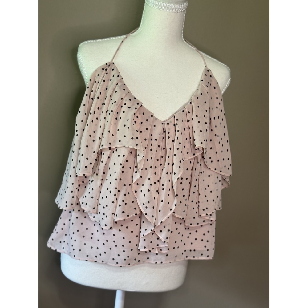 WAYF Women Rose Pink Black Polka Dot Ruffled Halter Cami Top M 70177WCH